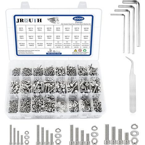 2000 piezas M2 M3 M4 M5 Tornillos de cabeza hueca hexagonal, tornillos de cabeza hueca hexagonal métricos de acero inoxidable 304, juego combinado de pernos, tuercas y arandelas con llave y pinzas (1/5)