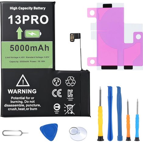 Batterie de remplacement lithium-polymère haute performance pour iPhone 13 Pro, 5 000 mAh, avec kit d'outils de réparation (1/5)