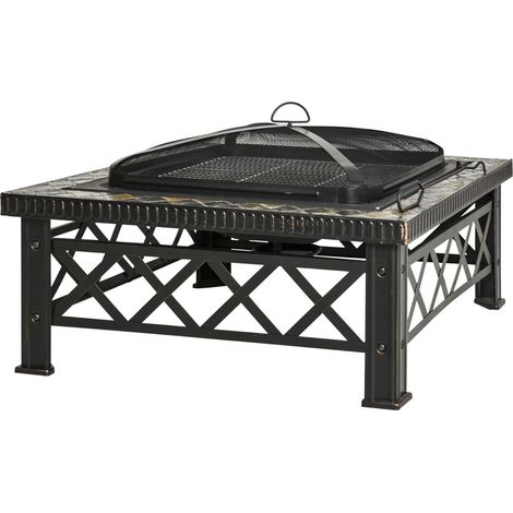 Brasero carré 3-en-1 avec grill, protection anti-étincelles et seau à glace, métal noir 76x76x47 cm (1/5)