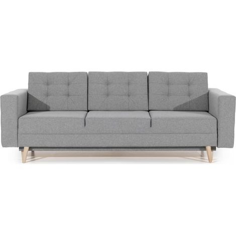 Canapé convertible tissu ANSKA - Pieds bois naturel-Gris (1/5)