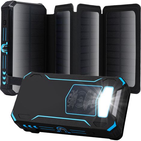 Batterie externe solaire 36800 mAh – Batterie externe étanche avec 4 panneaux solaires et chargement sans fil, 3 modes d'éclairage, adaptée au camping, au chargement des téléphones portables et des ta