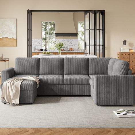 Ecksofa Cord Grau 282x153x85 cm mit Schlaffunktion und Stauraumhocker