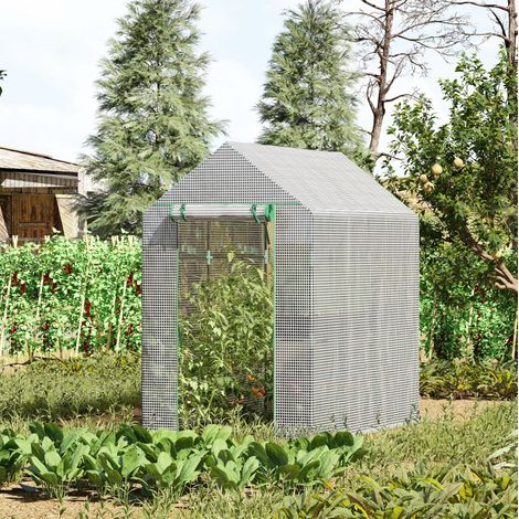 Serre de jardin 120x186x190 cm blanche en PE avec porte zippée et 4 étagères (1/5)