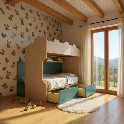 Letto a castello con scala contenitore e terzo letto estraibile - Cameretta salvaspazio - Effetto Tessuto e Verde Petrolio