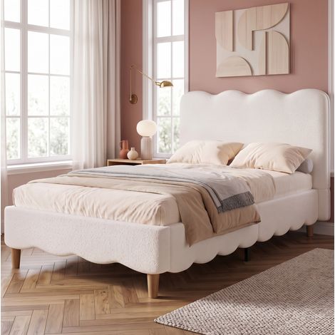 Cama infantil 90x200 cm en bouclé blanco con somier y sujeción segura del colchón (1/5)