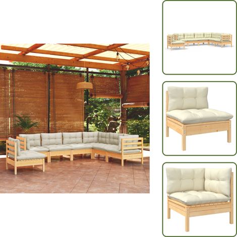 7-tlg. Garten-Lounge-Set mit Creme Kissen Massivholz Kiefer - Gartenzubehör - Lounge Set - Gartenmöbel - Esstisch - Outdoor Möbel (1/5)