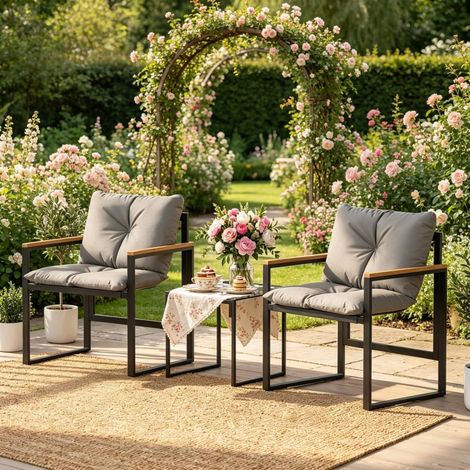 Conjunto de jardín de 3 piezas de metal negro y gris con almacenamiento, 64x62x68 cm (1/5)