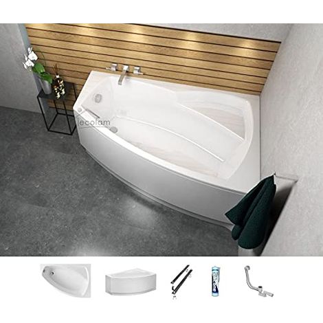 ECOLAM Baignoire d'angle acrylique Frida Polimat 140x90 cm droite, tablier en acrylique, pieds, siphon, silicone. Baignoire acrylique blanc (1/5)
