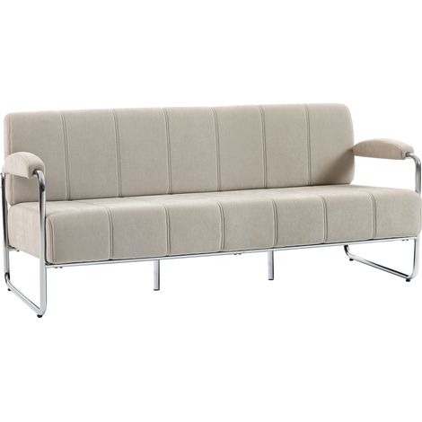 Divano 3 Posti Moderno Rivestito in Ciniglia Beige, in Acciaio, Spugna e Pannello Multistrato, 174x75x76 cm
