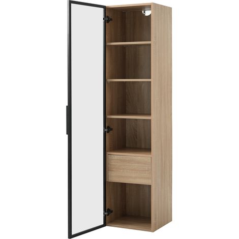 Meuble de salle de bain, moyen, avec bande lumineuse, 40 cm de large, avec 1 grand tiroir et 1 porte, porte en verre (1/5)