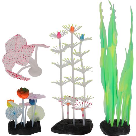 Kit de 4 décorations lumineuses pour aquarium, en silicone, simulant des coraux, pour poissons et plantes (lot de 5). (1/5)