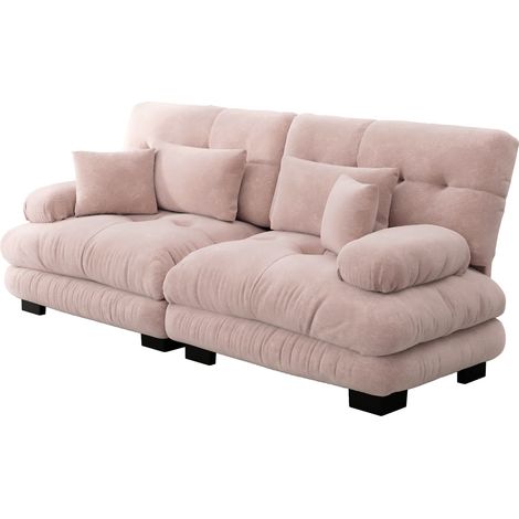 Sofá esquinero Cloud de chenilla rosa, 2 cojines lumbares y 2 decorativos, 220 cm (1/5)