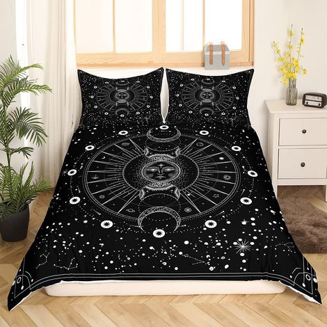Mandala Parure de Lit 140x200cm Soleil et Lune Housse de Couette avec Crochets Boho Style Exotique Noir et Blanc Parure Housse de Couette Galaxie Astrologie Chic Décor de Chambre - 140 x 200 cm (1/5)