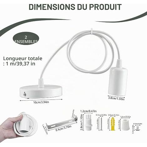 Suspension Luminaire E27, Kit Avec Câble 100 cm Réglable, Douille Métal Blanc pour Lampe Suspendue, Salon, Cuisine, Chambre, Luminaire Suspension (1/4)