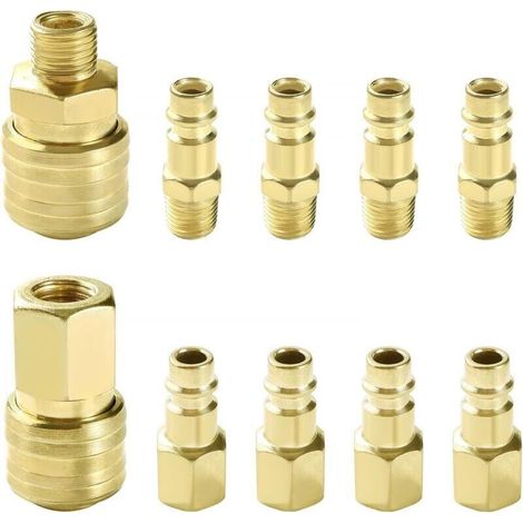 10 Pièces 1/4" BSP Coupleur Pneumatique d'air Kit, Raccord Rapide Pneumatique Européen, Compresseur Raccord d'Air, pour Tuyau Compresseur, Or (1/4)