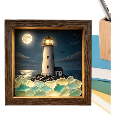 Cadre D'Art Décoratif Mural Décor Côtier en Verre de Mer avec Éclairage LED Cadre pour Tableau Artistique Pour Bureau, Bureau De Table, Maison, Entrée, Bibliothèque, Chambre, Couloir, (1/5)