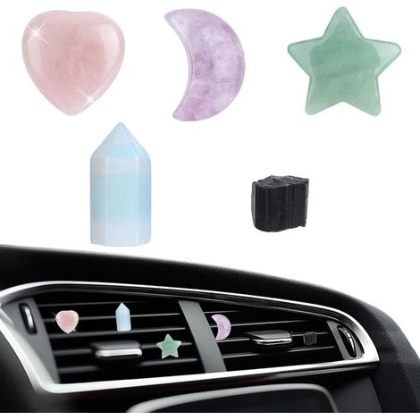 5 clip Garniture Grille D'Aération Voiture Pierre Cristal Lune Étoile Cœur Quartz Rose Breloque Pierre Précieuse Irrégulière Désodorisant pour Voiture Clip Sortie Climatisation Tableau Bord (1/5)