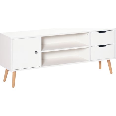TV Stand for TVs Up to 50 Inches,Stylish White Console Cabinet with Open Shelves and Drawers for Living Room and Bedroom Storage