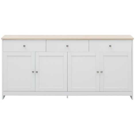 Buffet bois blanc veiné, 4 portes, 3 tiroirs, salon salle à manger