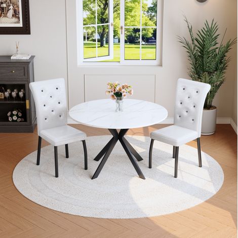 Esstisch Set rund mit 2 Stühlen Marmoroptik MDF OKMYHOME (1/5)