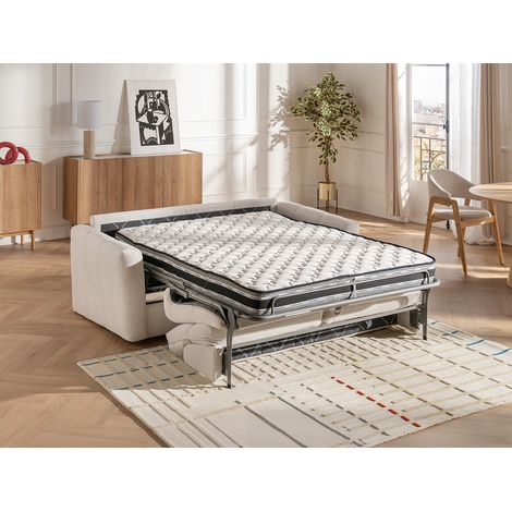 Canapé 3 places convertible express en tissu chenille beige - Couchage 140 cm - Matelas 16 cm DOVENA de Maison Céphy (1/4)