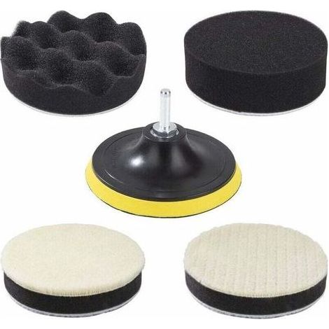 Kit polissage voiture : éponges, patins, adaptateur pour perceuse 125 mm (5"), disques et tampons pour polissage et cirage auto, 12 pièces (1/5)