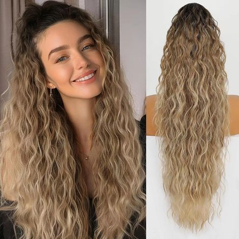 Extension de queue de cheval de luxe - Perruque ondulée effet vague - Perruques longues pour femmes - Pince à cheveux et cordon de serrage - 75 cm - 220 g - Blond cendré mélangé (R2/27T613) (1/5)