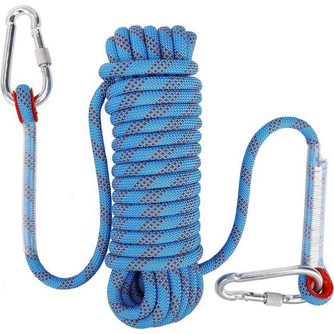 30m Outdoor-Kletter-Sicherheitsseil mit 2 Karabinern zum Abseilen 10mm Kletterseile für Arbeiten in der Höhe Feuerleiter Abseilen Camping Blau