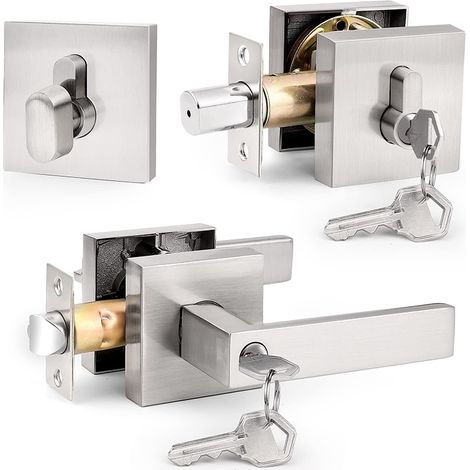 [NEUWERTIG]  INHHUB Riegelset mit quadratischem Hebel, Einzelzylinder und gleichschließendem Schlüssel (für Büro- und Haustür), robustes Eingangstürschloss aus Satinnickel für die rechte und linke Sei