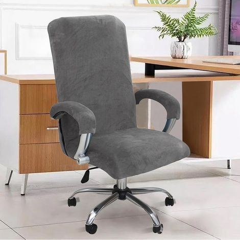 Housse de chaise de bureau en velours extensible avec accoudoirs - Housse de chaise gaming - Gris,XL (1/4)
