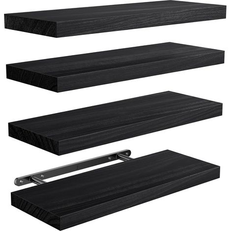 Etagere Murale 40 cm, Bois de Paulownia, Lot de 4, Noir Étagères murales à supports métalliques cachés, 10 kg par tablette, pour salle de bain, chambre, bureau, salon et cuisine (1/5)