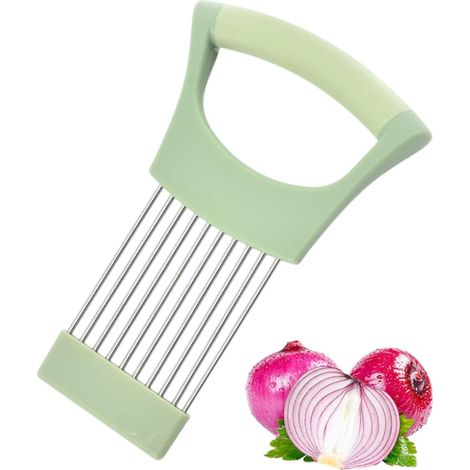 Onion Slicer Holder, Lemon Cutter, Stainless Steel Food Grade Slicing Assistant with Protective Cover for Potatoes, Meat, Onions, and Vegetables (Green) (1/5)