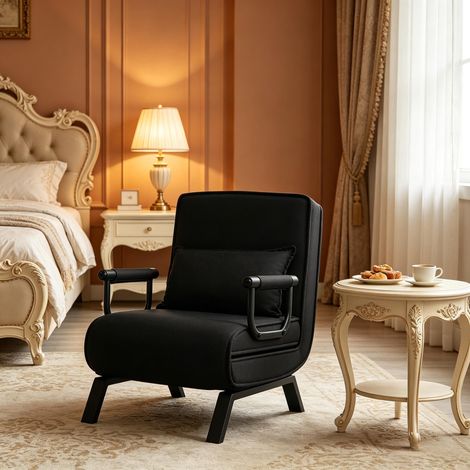 Sillón Convertible 3 en 1, Respaldo Ajustable en 5 Posiciones, Cojín Desmontable, Lino, Negro