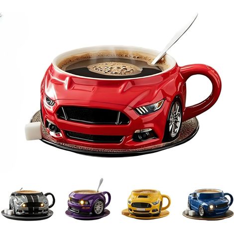 Taza de café de acero inoxidable de doble capa con forma de coche, creativa, duradera, hecha a mano, para coche, oficina, posavasos (no incluidos), color rojo (1/5)