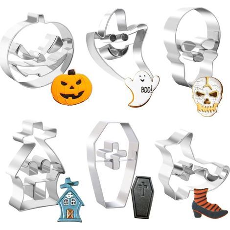 Lot de 6 emporte-pièces en acier inoxydable pour Halloween : citrouille, crâne, fantôme, maison hantée, botte et cercueil, pour décoration de fête d'Halloween (1/5)