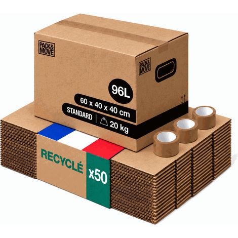 Pack and Move - Lot 50 cartons déménagement L larges - 40 x 60 x 40 cm - Poignées renforcées - 3 adhésifs offerts (1/5)