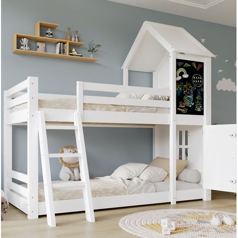 Letto a castello bambini 90x200 cm con porticina, lavagna, forma a casa, scala, rete a doghe, senza materasso, bianco (1/5)
