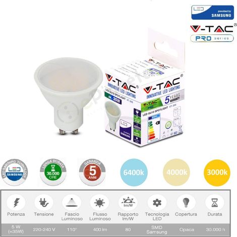 V-TAC PRO Faretto led 5w attacco gu10 bianco lampadina copertura opaca luce fredda naturale calda  Bianco freddo (1/4)