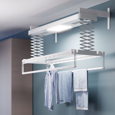 Foxydry Pro, Étendoir à linge de plafond ou mur chauffant, étendoir électrique télécommandé en aluminium et acier, mural 160x70x30 cm (1/3)