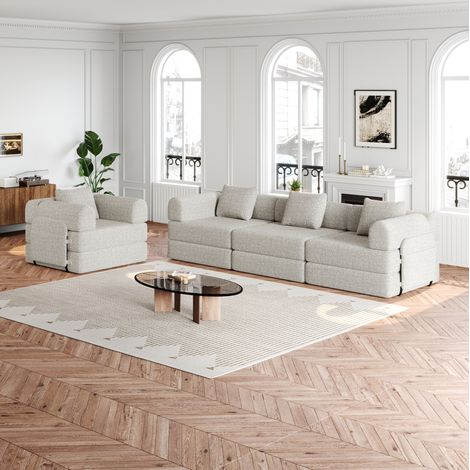 Modulares 2-in-1-Schlafsofa aus khakifarbener Chenille mit Stauraum in der Armlehne (1/5)