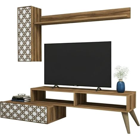 Dmora - Parete attrezzata Ardara, Composizione soggiorno, Mobile salotto multiuso, Armadio porta TV, 150x37h38 cm, Noce e Bianco