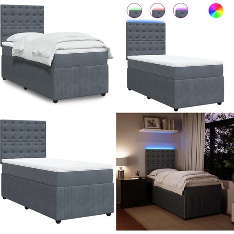 Cama box spring con colchón terciopelo gris oscuro 90x200 cm - Colchón ensacado - Cama con luz LED