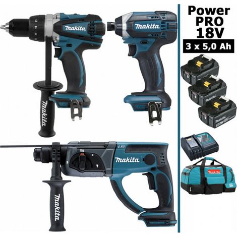 Makita – Pack d'outils électroportatifs 18V – Perceuse 91Nm DDF458 – Perfo-burineur 2J DHR202 – Visseuse à chocs 165Nm DTD152 – 3 batteries 5Ah (1/6)