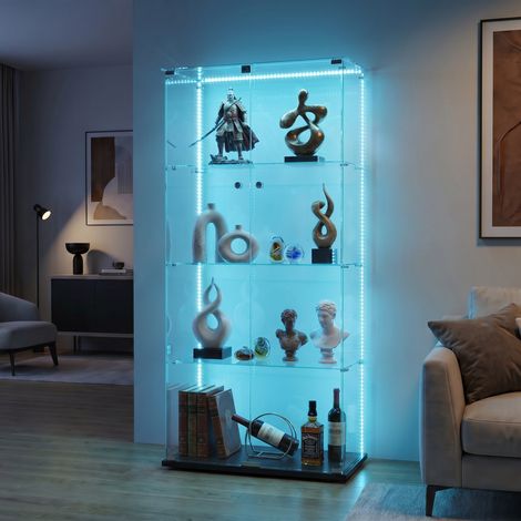 Vitrine en verre 4 étages 42,5x36,5x164 cm ，éclairage led et porte double ，serrure et poignée métallique，pieds de nivellement réglables，protection anti/basculement，pour figurines，noir (1/5)