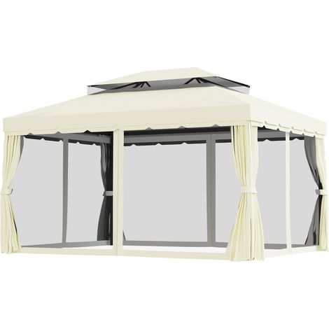 Tonnelle de jardin 4 x 3 m avec moustiquaire, rideaux et double toit en aluminium et polyester, couleur crème