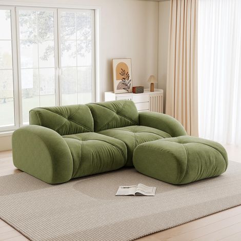 Canapé modulable, canapé moderne 2 places avec pouf, mousse haute densité 32D, idéal pour le salon, tissu chenille doux et antidérapant, couleur verte.