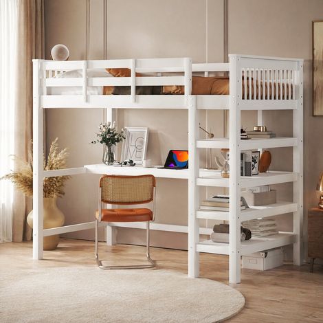 MEUBLIV Letto a soppalco 90x200 cm bianco – scrivania e ripiani integrati, senza materasso (1/5)