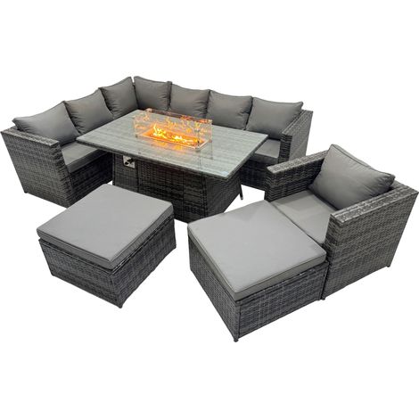 Fimous Rattan Garden Furniture Dining Set 9-seater Gas Firepit Dining Table Corner Sofa Chair Set with 2 Big Stools Dark Grey Mixed (1/5)