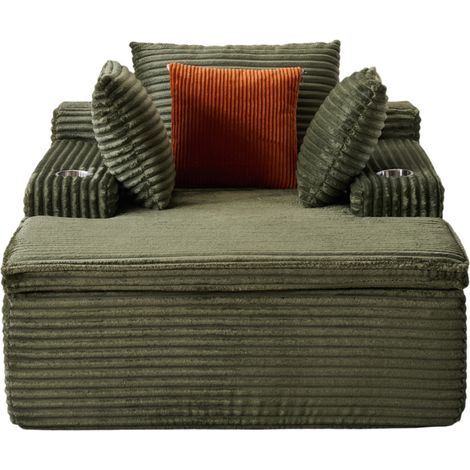 Divano letto a pavimento in velluto a coste verde con chaise longue e cuscini (1/5)