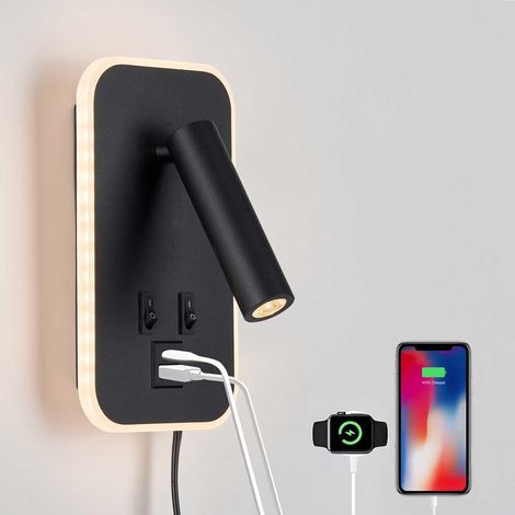 Leselampe fürs Bett, Wandleuchte mit USB-C- und USB-A-Anschlüssen, verstellbare Kopfteilleuchten, Steckdosen- oder Festanschluss-Nachttischlampe, modernes Schwarz, 10 W + 3 W, 3000 K warmes Ambienteli (1/5)